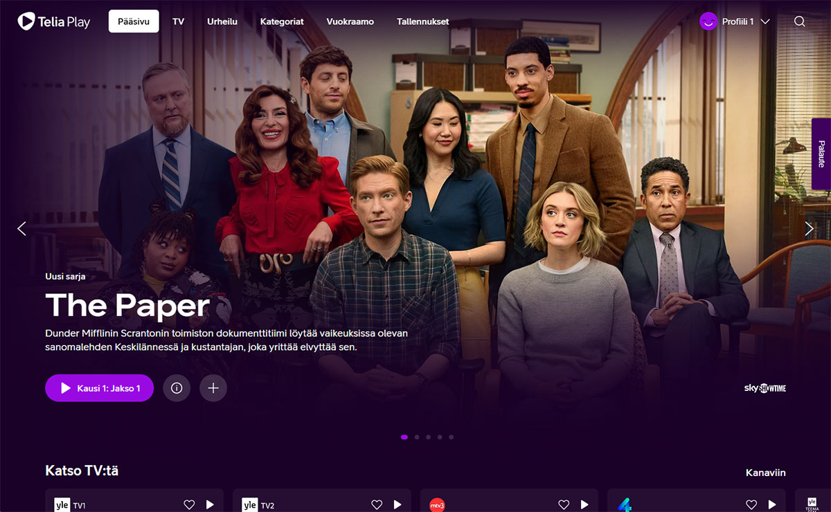 Telia Playn selainversion etusivu osoitteessa teliaplay.fi.