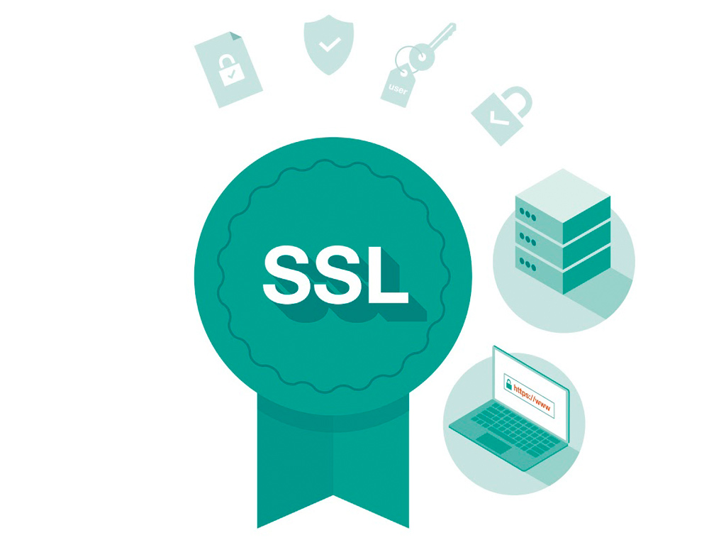 Piirros: vihreä SSL-sertifikaattiruusuke, tietokone, lukkosymboleita.