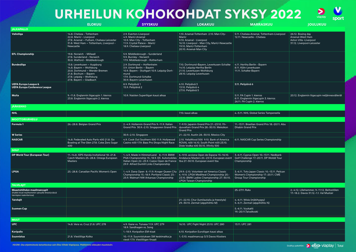 Viaplay urheilukalenteri syksy 2022